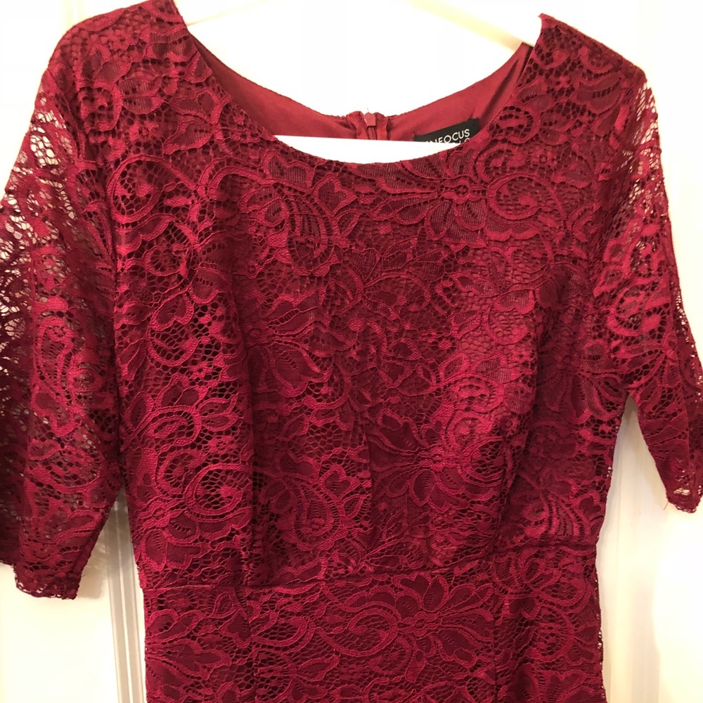 Burgundy lace dress.
